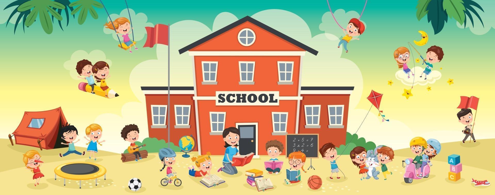 Funny Students and School Building vector