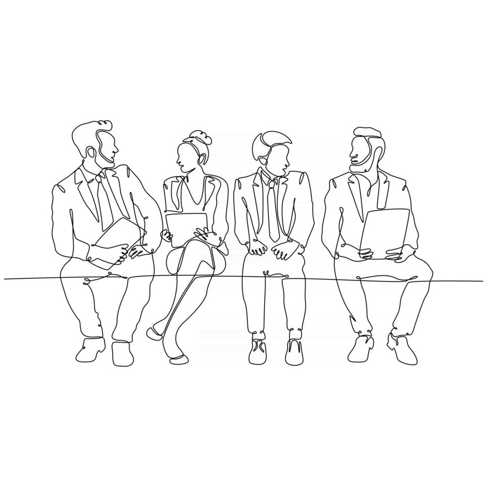 continuous line drawing of men and women sitting waiting in line for interviews vector illustration