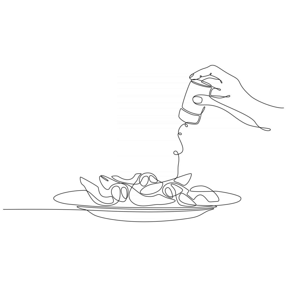 continuous line drawing of hand sprinkled spices into food vector illustration