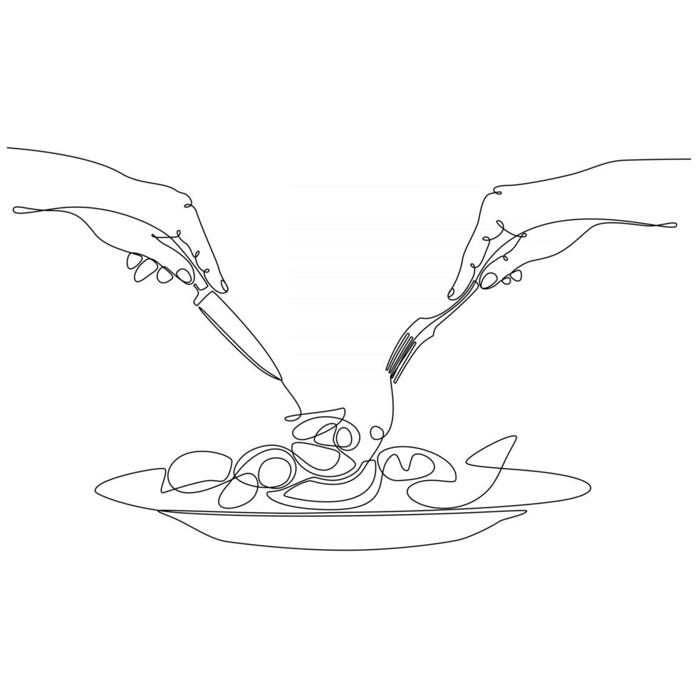 continuous line drawing of a hand holding a fork with a plate of food vector illustration