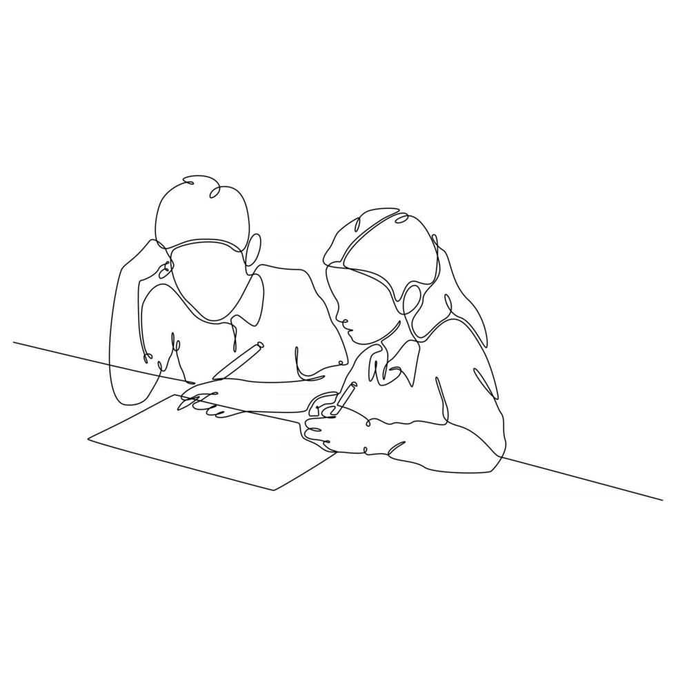 Continuous line drawing of two little kids studying vector illustration