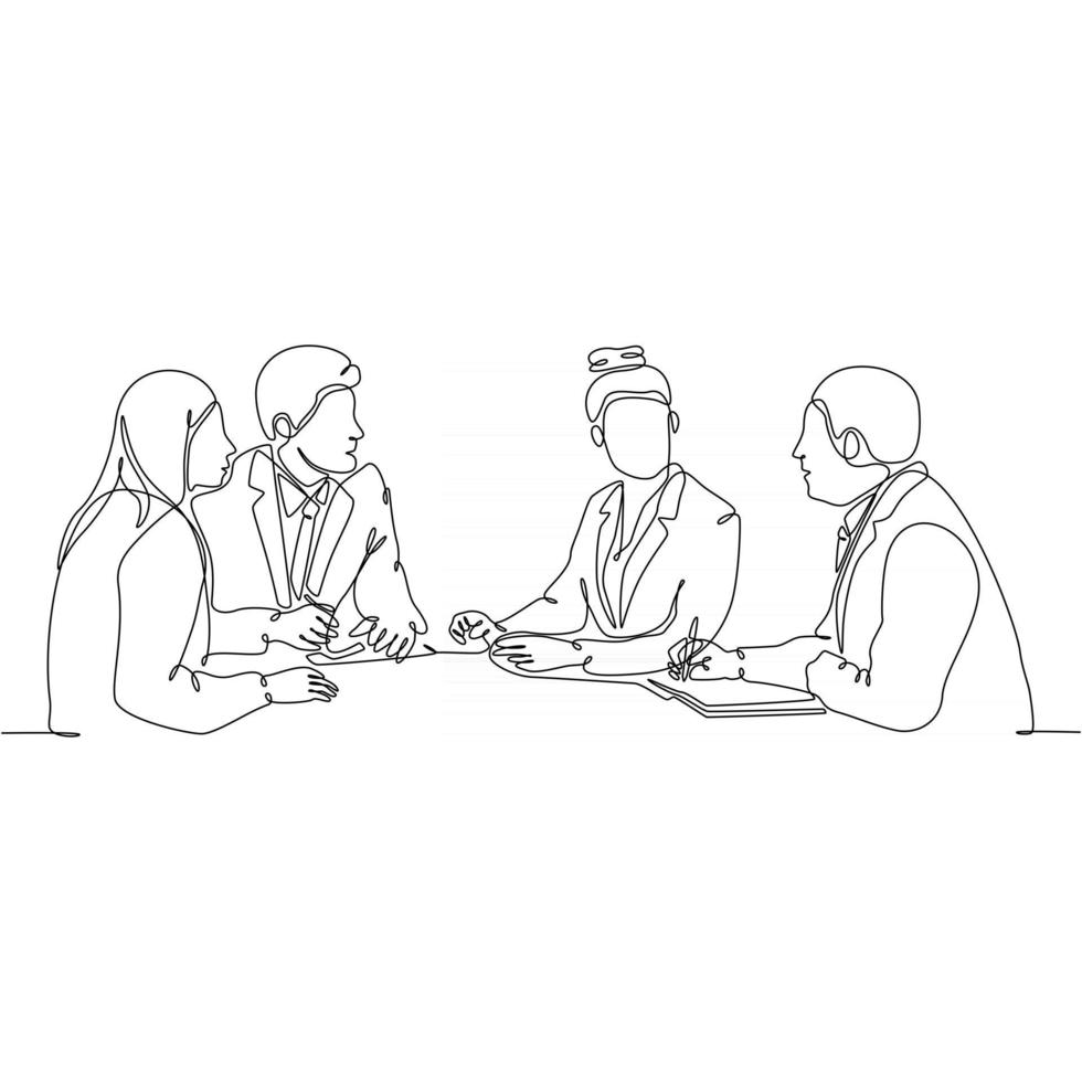 continuous line drawing of group of people at work meeting vector illustration