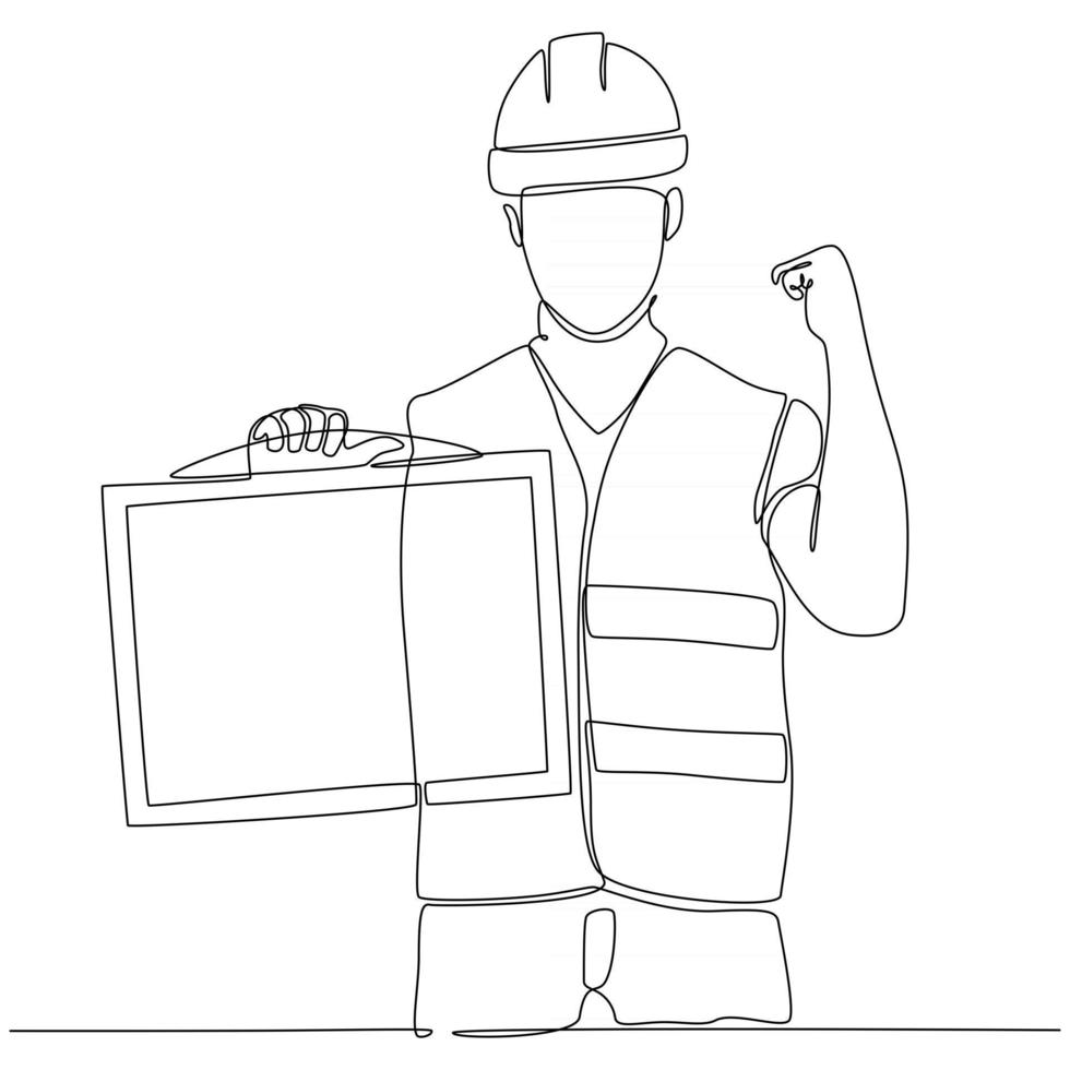 continuous line drawing of construction worker carrying information board vector illustration