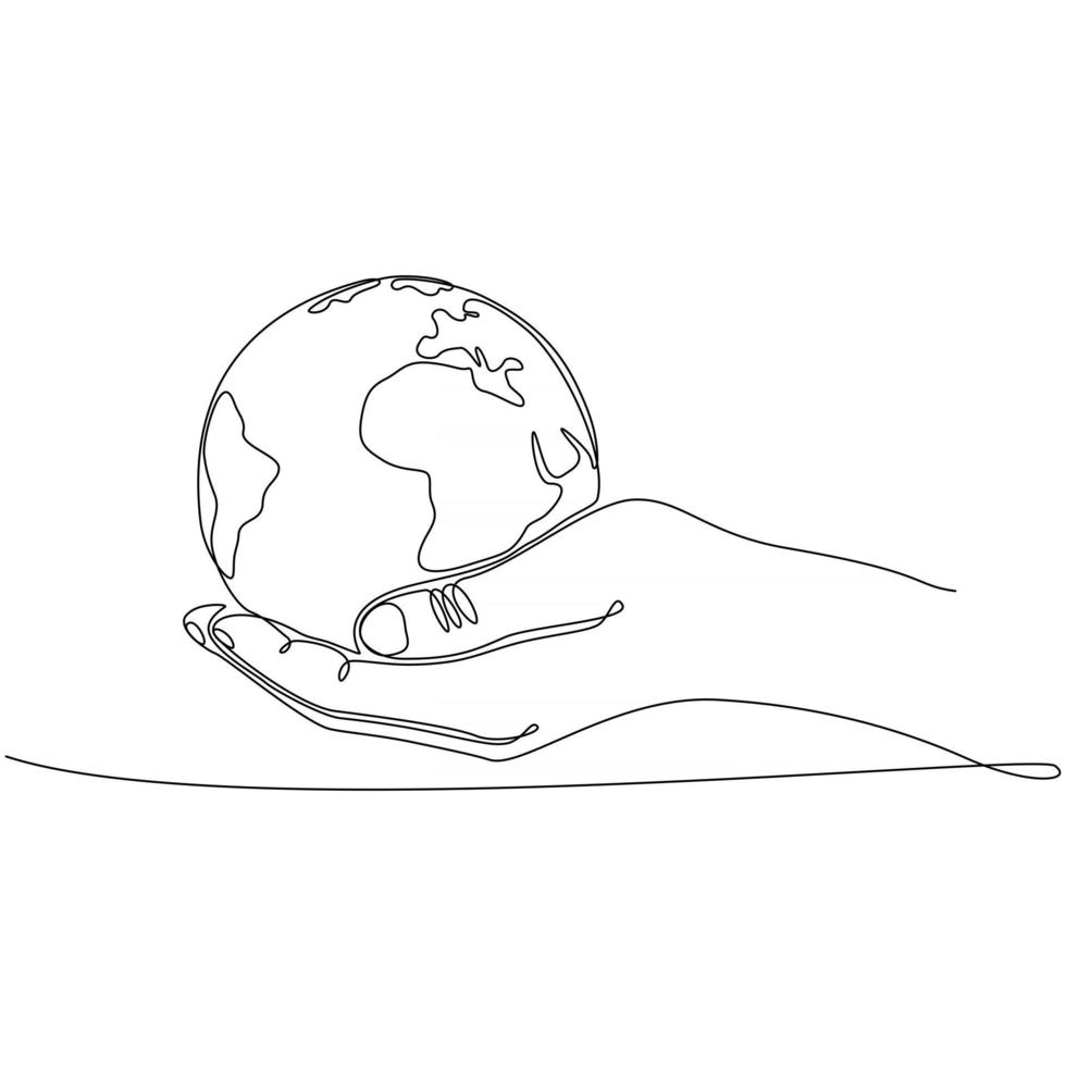 continuous line drawing of a hand with a globe vector illustration