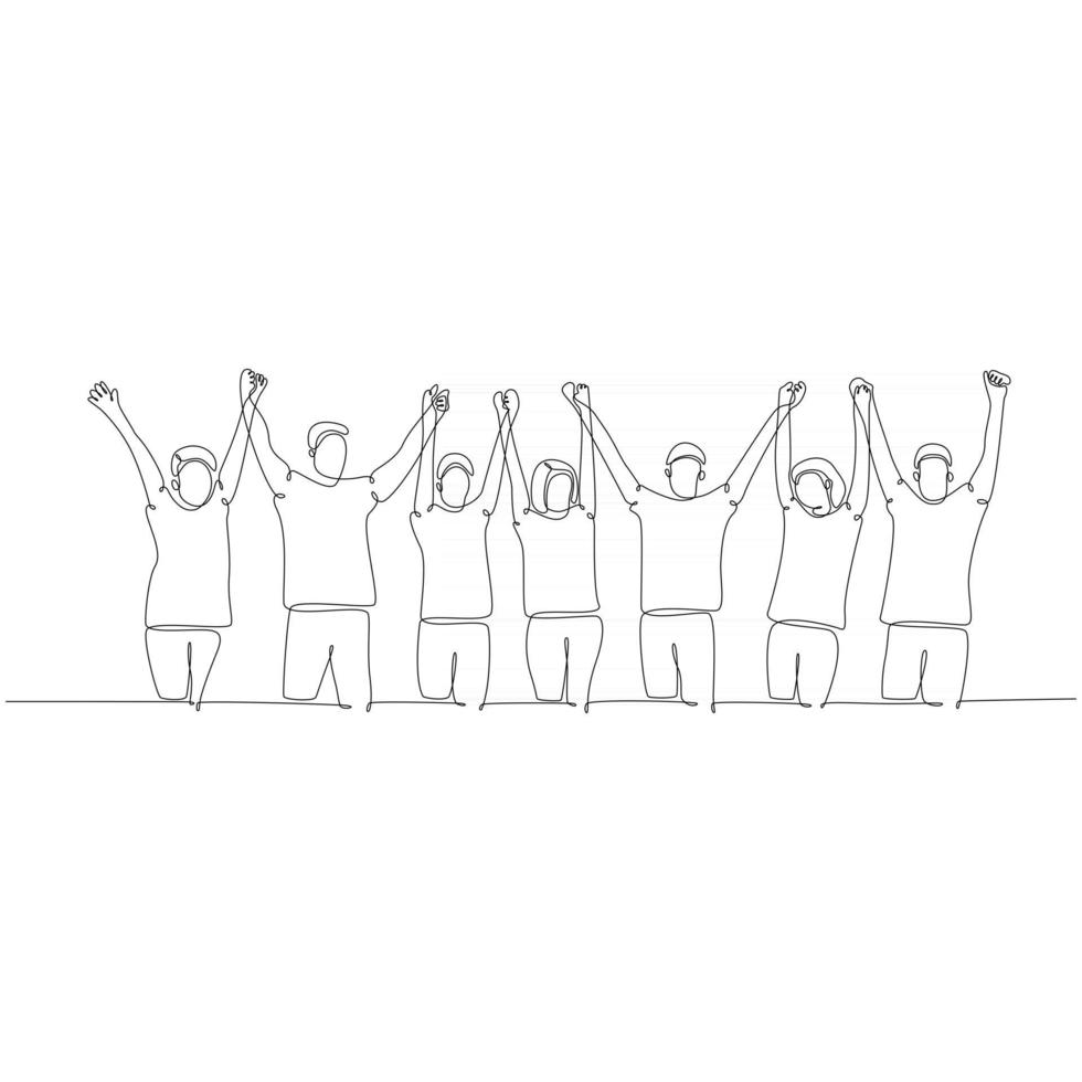 continuous line drawing A group of people holding hands, hands raised. Line drawing vector illustration.