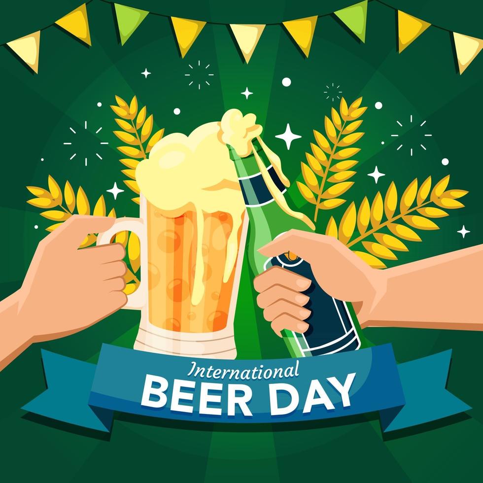 brindis con cerveza en el día internacional de la cerveza vector