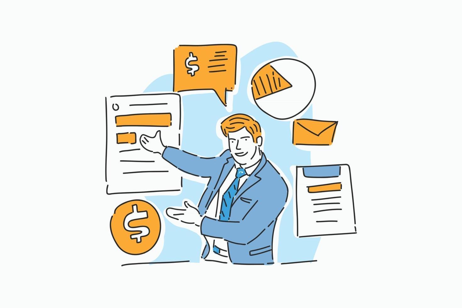 businessman show presentation infographic hand drawn illustration vector