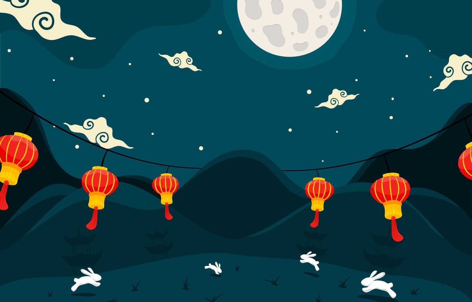 Mid Autumn Landscape with Red Lanterns vector