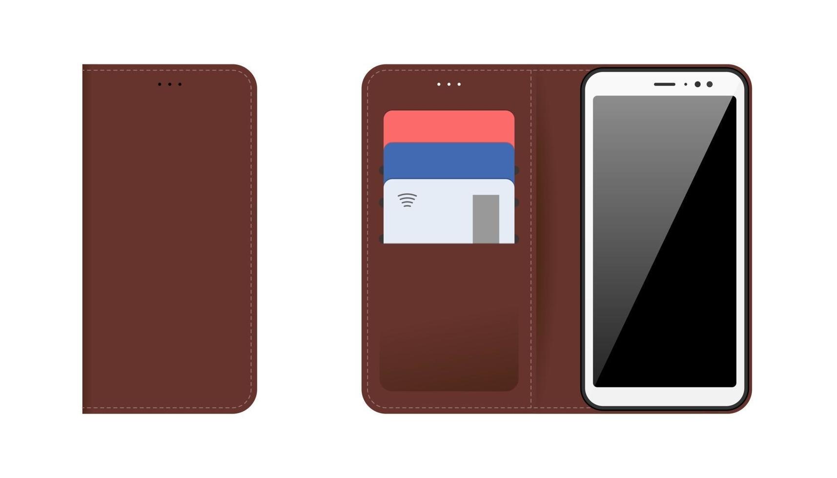 teléfono inteligente para dispositivos móviles con estuche de cuero cosido marrón abierto y cerrado, tarjetas bancarias de plástico en los bolsillos. vector moderno conjunto de aislamiento de ilustración plana