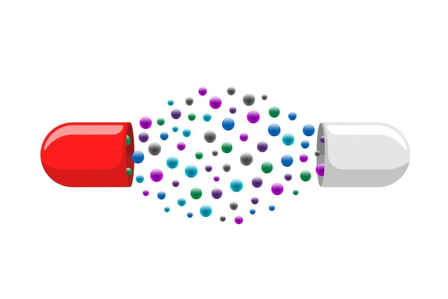 Medical capsule pill open with many colorful molecules. Medicine drug vitamin improve health concept. Red and white pharmaceutical antibiotic halves structure with particles vector eps illustration