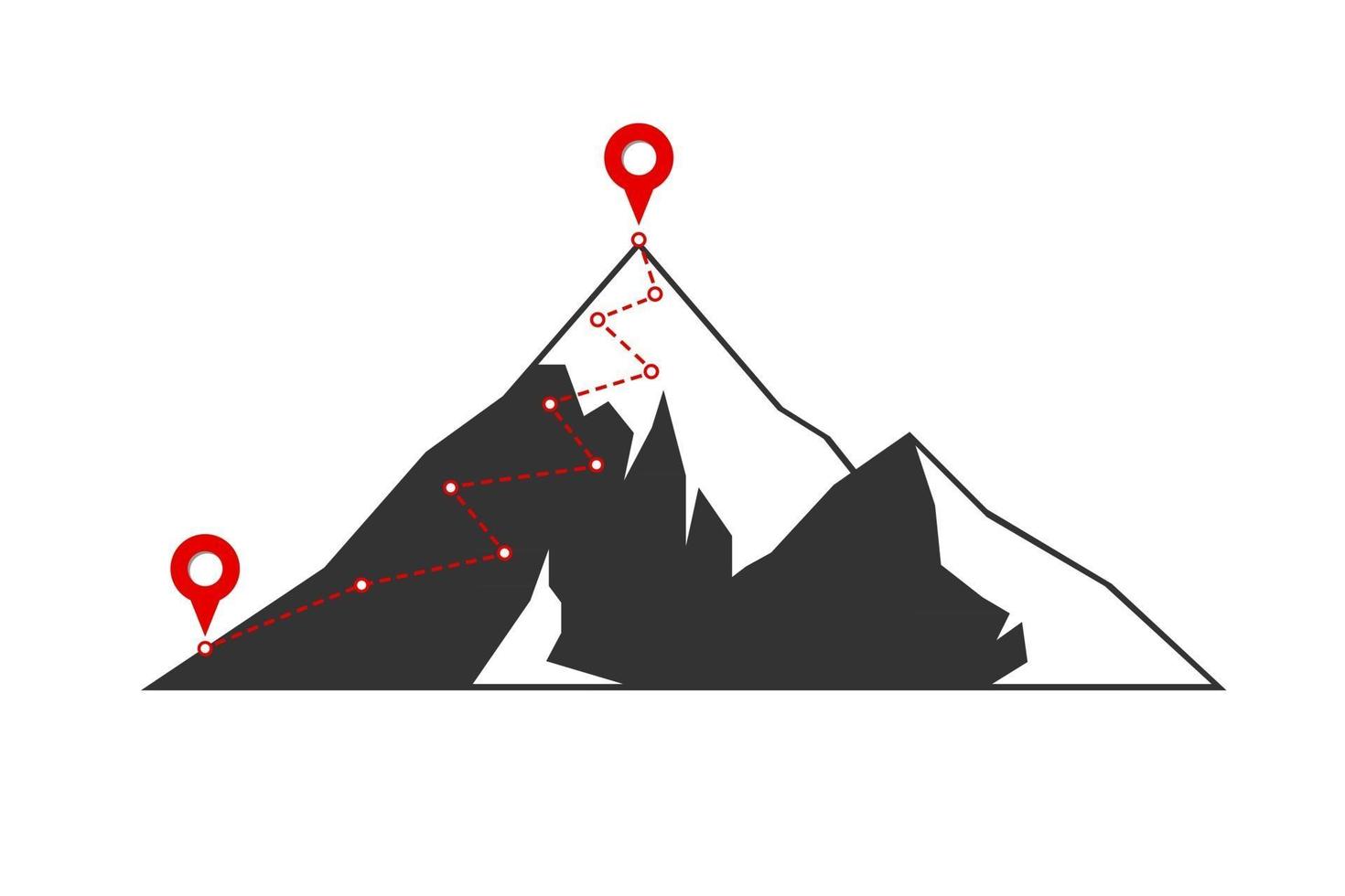 Ruta de escalada de montaña a la cima con bandera roja en la cima de la roca. camino de viaje de negocios en progreso, motivación y éxito, objetivo, aspiración, concepto. Ilustración de símbolo de dirección de meta de misión de carrera vector