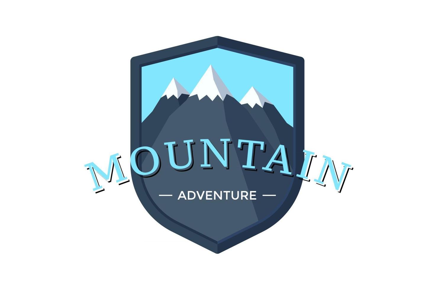 Mountain Adventure shield logo badge for extreme tourism and sport hiking. Outdoor nature rock camping label vector illustration