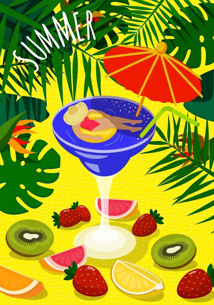 Summer bright colorful sunny poster. Beautiful woman sunbathes on inflatable circle in cocktail glass and umbrella. On sand background tropical foliage and fresh fruits. Summertime vector illustration