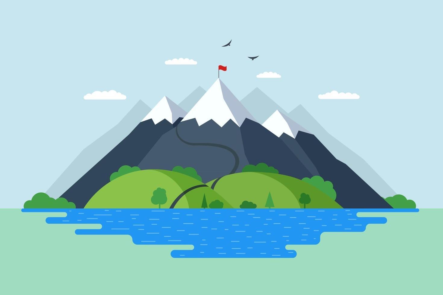 alta montaña con bosque de colinas verdes y paisaje natural de lago azul. los escaladores recorren el sendero hasta la cima de la roca y la bandera roja en la cima. logro de la victoria y superación de las dificultades símbolo ilustración vectorial vector