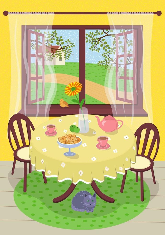 Summer hand drawn vector poster calm comfortable rest village home. Cozy summertime tea in interior country house. Teapot, cups and flower in vase on table. Foliage, lawn grass and path outside window