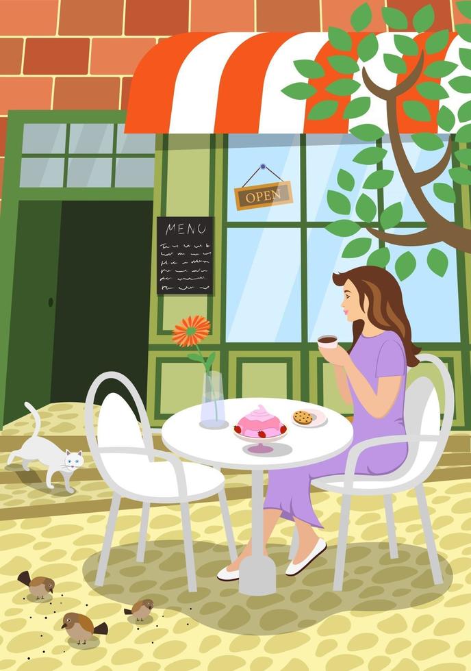 City street cafe summer scene. Girl sits at outdoors restaurant table terrace under tree holds cappuccino coffee cup and enjoys the moment. Cat on steps and birds peck seeds on road. Vector eps poster