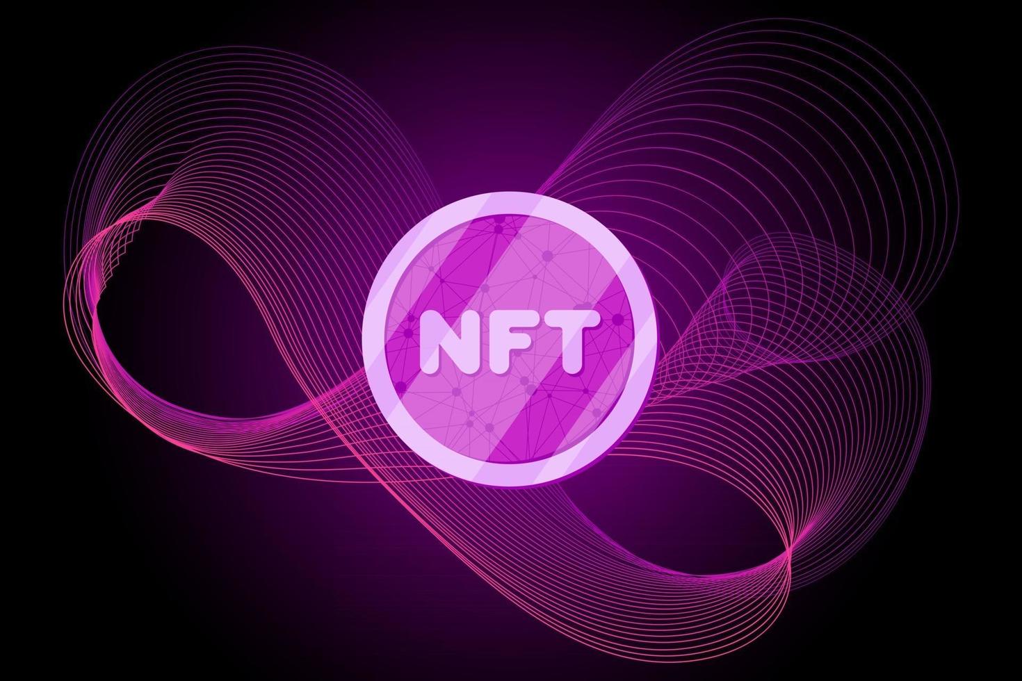 NFT non fungible token on abstract linear striped lilac purple background. Online money for buy exclusive art poster. Pay for unique collectibles in games banner. Blockchain technology crypto coin eps vector