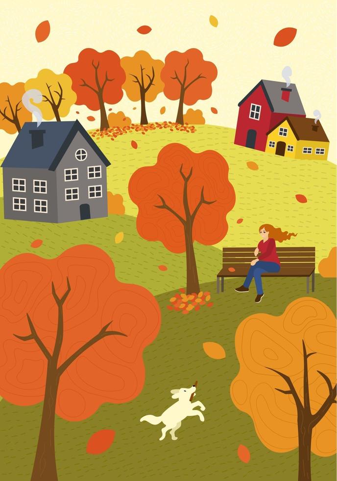 otoño estado de ánimo dibujado a mano otoño temporada naturaleza. niña en un banco del parque en el viento y pasea al perro. colinas de césped y árboles. Ilustración de vector de escena rústica de descanso de campo para cartel, pancarta, tarjeta, folleto o portada