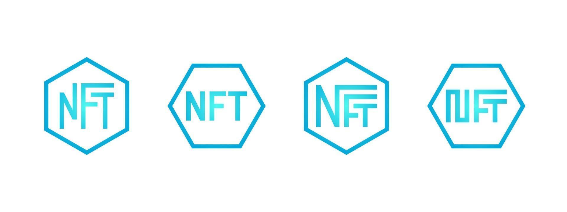 NFT non-fungible blue token logo set. Online money for buy exclusive art icon collection. Pay for unique collectibles in games. Blockchain technology crypto coins. Vector isolated eps illustration