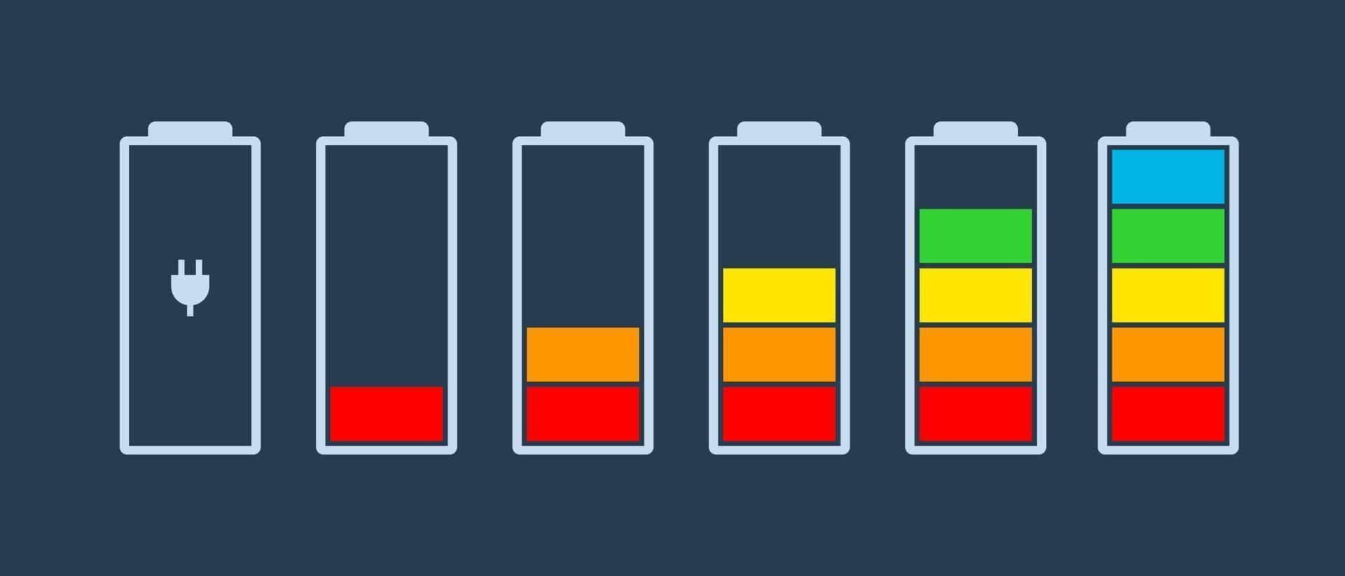 íconos de indicador de carga de la batería icono de vector nivel de carga energía de la batería poderosamente lleno diversión divertido poder corriendo bajo estado lleno baterías set logo nivel de carga barra de carga vacía gadgets alcalina