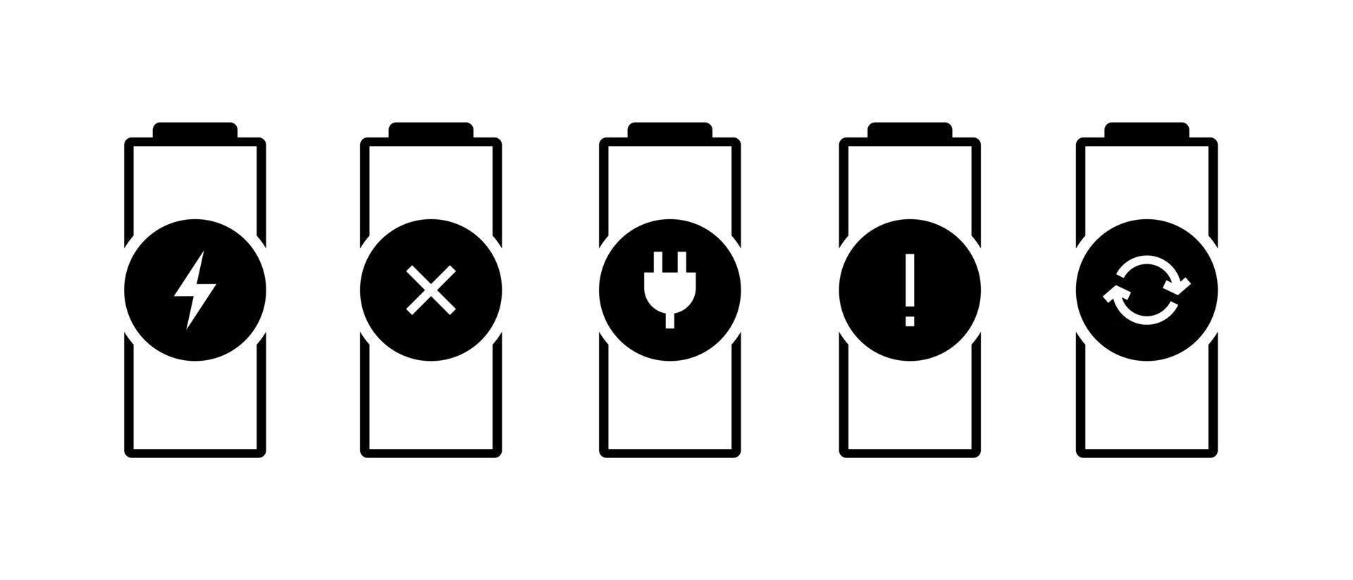 Battery charge indicator status icon set. Gadgets accumulator faulty broken needs charging error replace pictograms. Vector power illustration