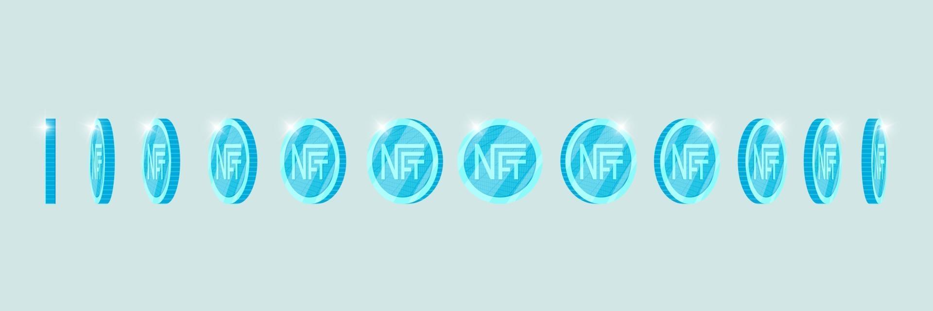NFT non fungible light blue token turn around different position set. Online money for buy exclusive art. Pay for unique collectibles. Blockchain technology crypto coin rotation icon for animation eps vector