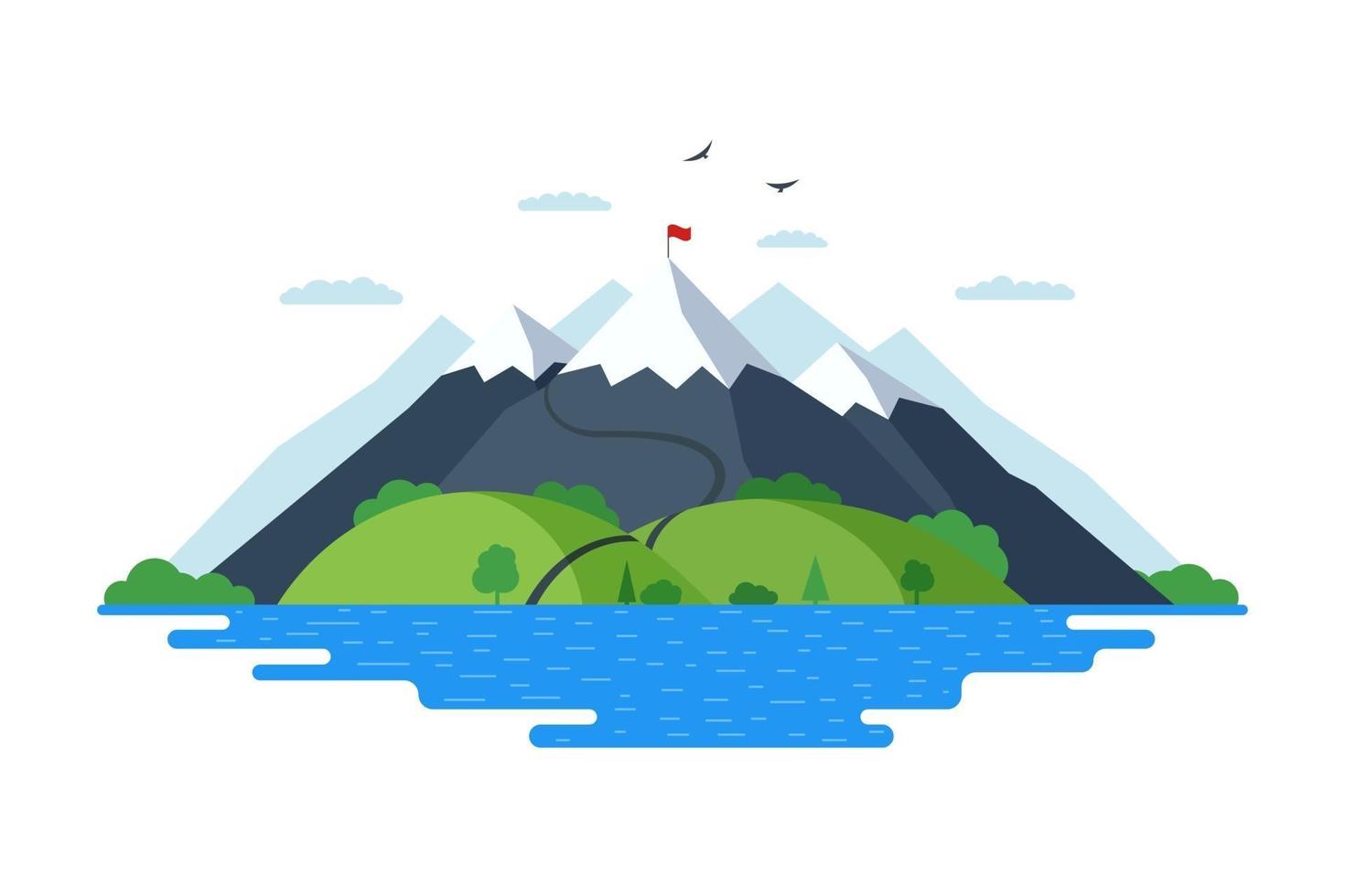 High mountain with green hills forest and blue lake nature landscape flat vector illustration. Climbers route trail to rock top and red flag on peak