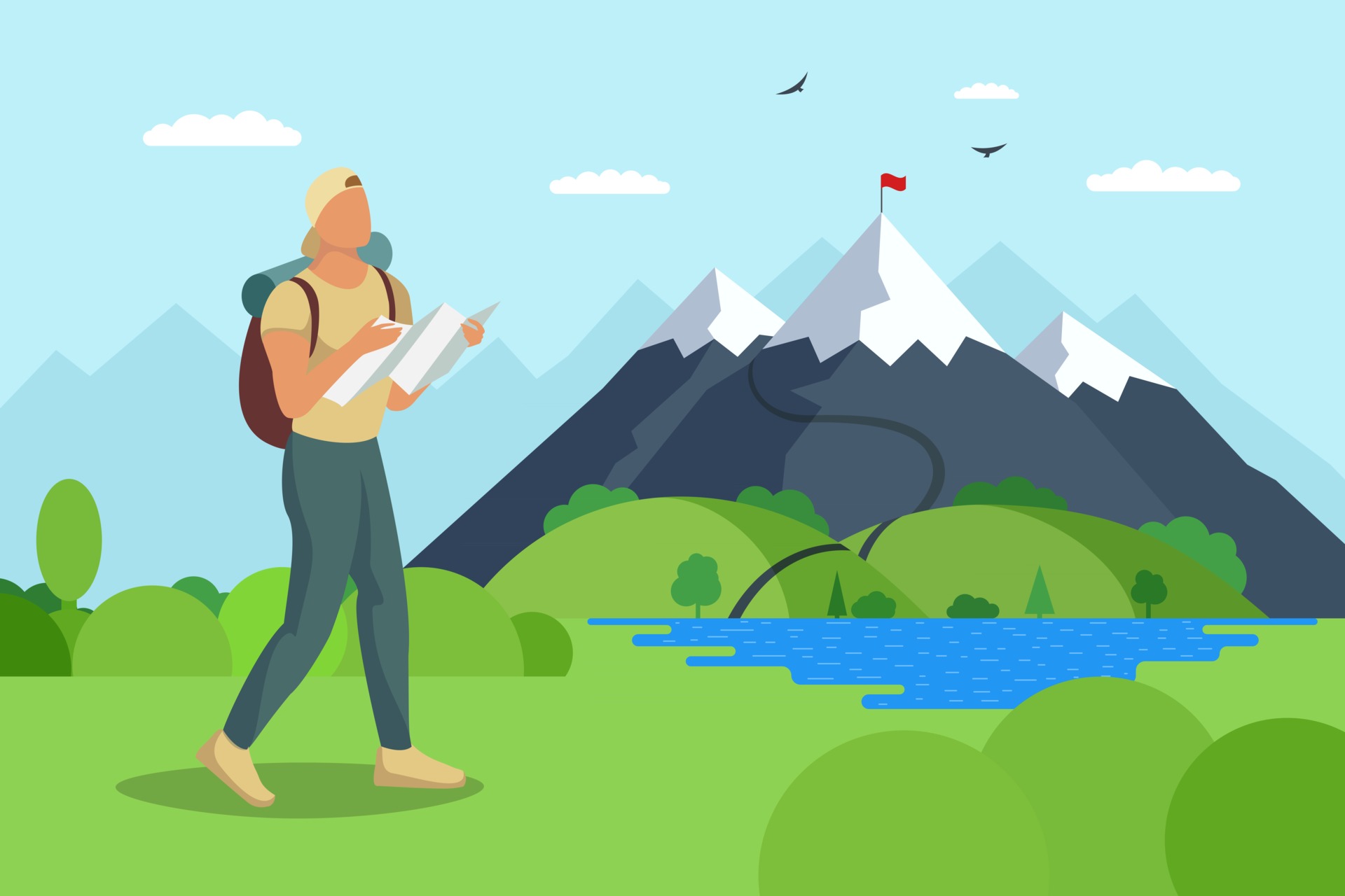 Man traveler with backpack and map walks to mountain along lake valley. Tourist top goal achievement route. Male hiker success outdoor recreation and climbing peak. Nature exploration adventure vector 2839237 Vector Art Man traveler with backpack and map walks to mountain along lake valley. Tourist top goal achievement route. Male hiker success outdoor recreation and climbing peak. Nature exploration adventure vector 2839237 Vector Art