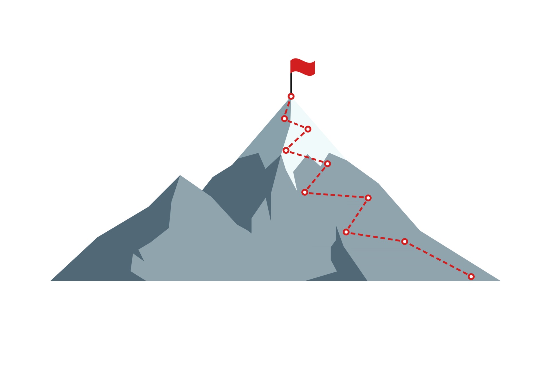Mountain climbing route to peak with red flag on top rock. Business