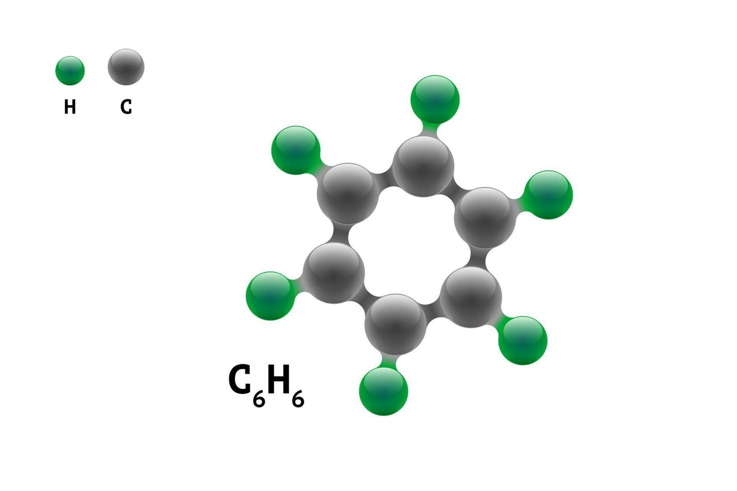 Chemistry model molecule benzene C6H6 scientific element formula. Integrated particles natural inorganic 3d benzol molecular structure compound. Six carbon and hydrogen volume atom vector eps spheres