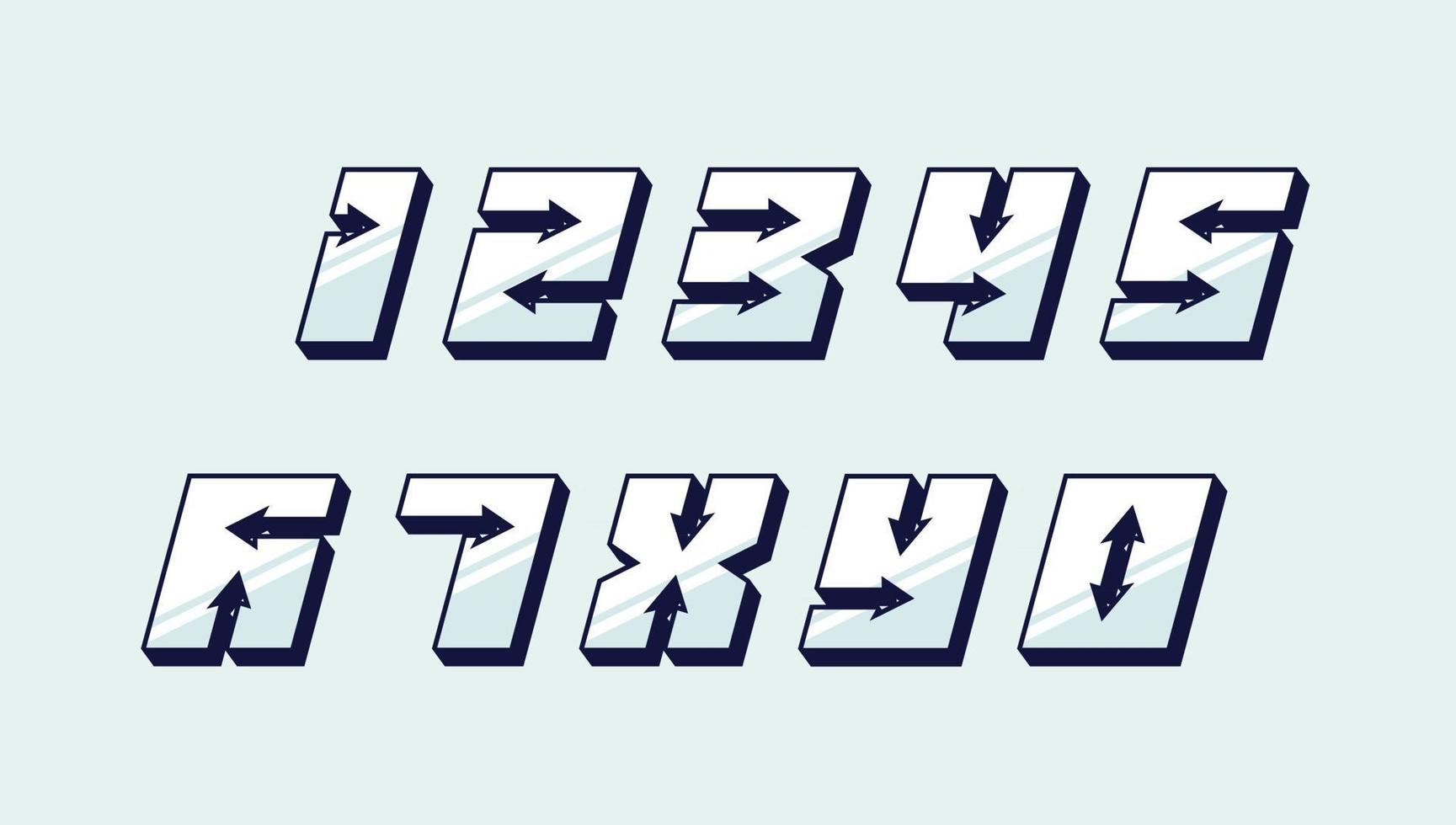 Numbers colourful set in 3d italic retro style with arrows in speedy trendy typography consisiting of 1 2 3 4 5 6 7 8 9 0 for poster design or greeting card. Vector modern countdown font