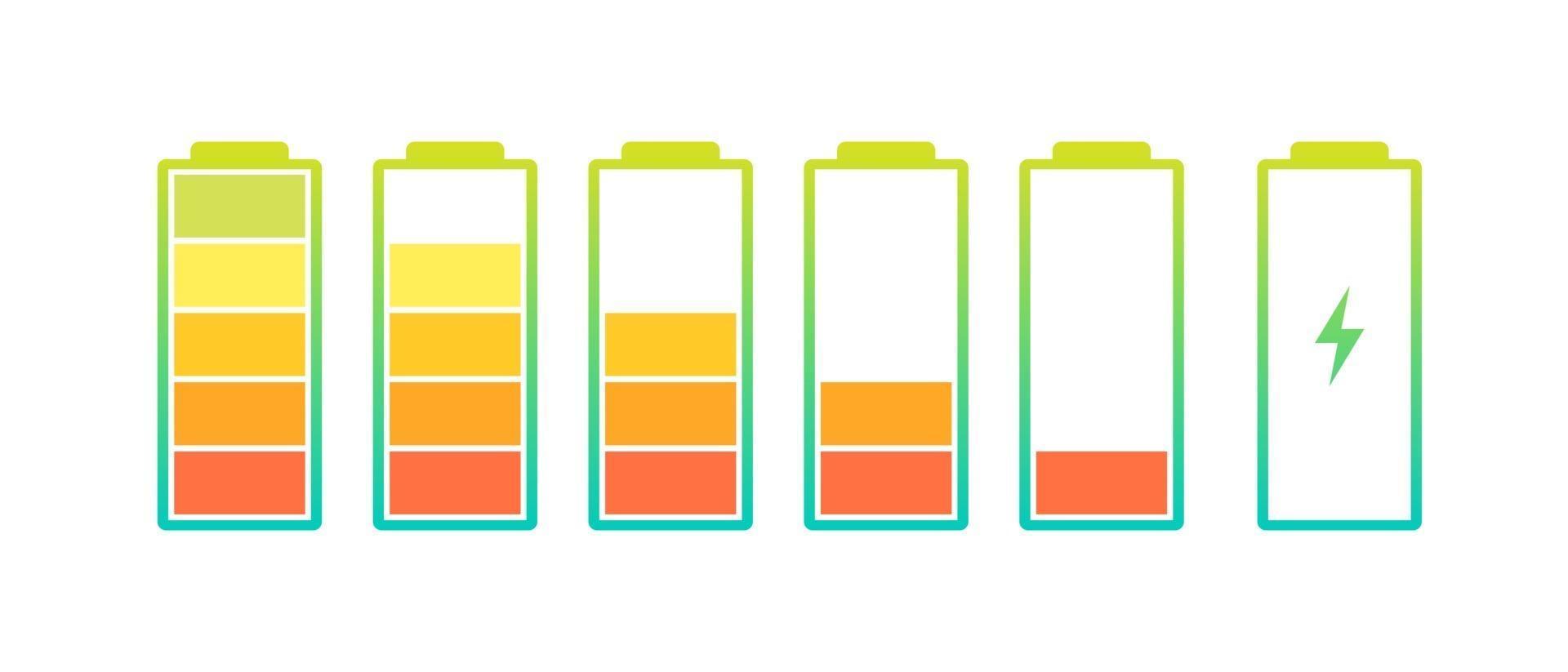 Battery charge indicator icons set. Charging level full power low to high up and lightning. Gadget alkaline energy status vector colorful eps illustration