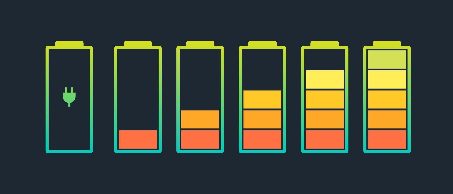 Battery charge indicator icons set. Charging level full power low to high up and electric plug. Gadget eps alkaline energy status vector illustration