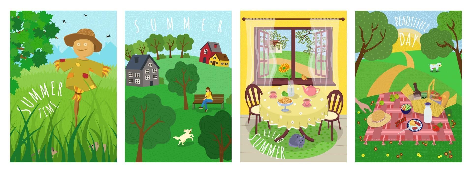 Hello Summer cute vector poster set. Outdoor picnic on grass, scarecrow in agricultural field, dog walking in countryside park, vacation in nature and village rest banners. Summertime hand drawn cards