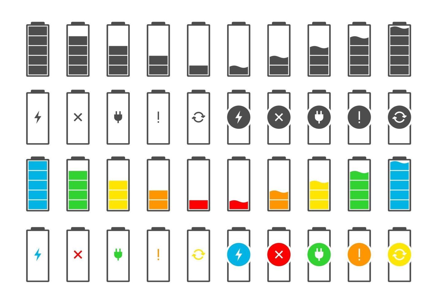 indicador de carga de la batería conjunto de iconos de colores. nivel de carga máxima potencia baja a alta enchufe eléctrico y relámpago. Aparatos de estado de energía alcalina ilustración vectorial eps sobre fondo blanco. vector