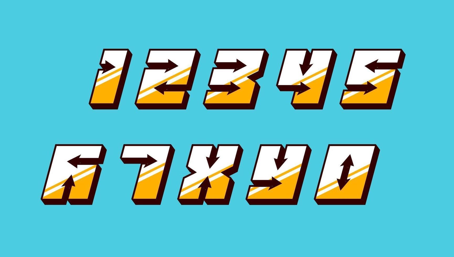 Numbers colourful set in 3d italic vintage style with arrows in speedy srtyle trendy typography consisiting of 1 2 3 4 5 6 7 8 9 0 for poster design and or greeting card. Vector modern font EPS 10