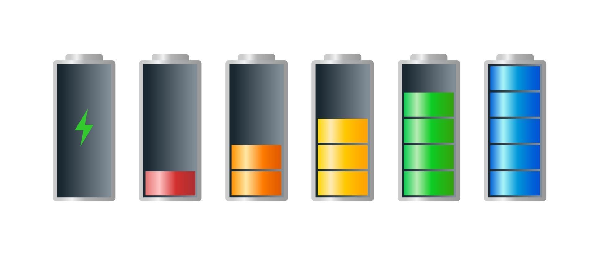 High to low power batteri charged energy indicator level set with recharging icon. Empty to full battery indicating red orange yellow blue green cylinders. Vector batteries recharge illustration