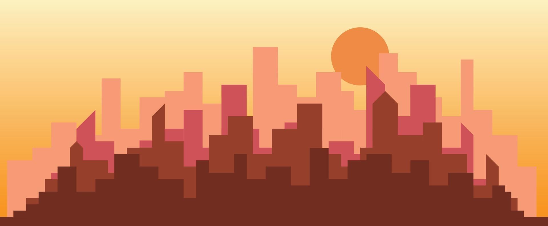 Puesta de sol futurista abstracta del cielo de la ciudad con fondo del papel pintado del vector de los edificios modernos
