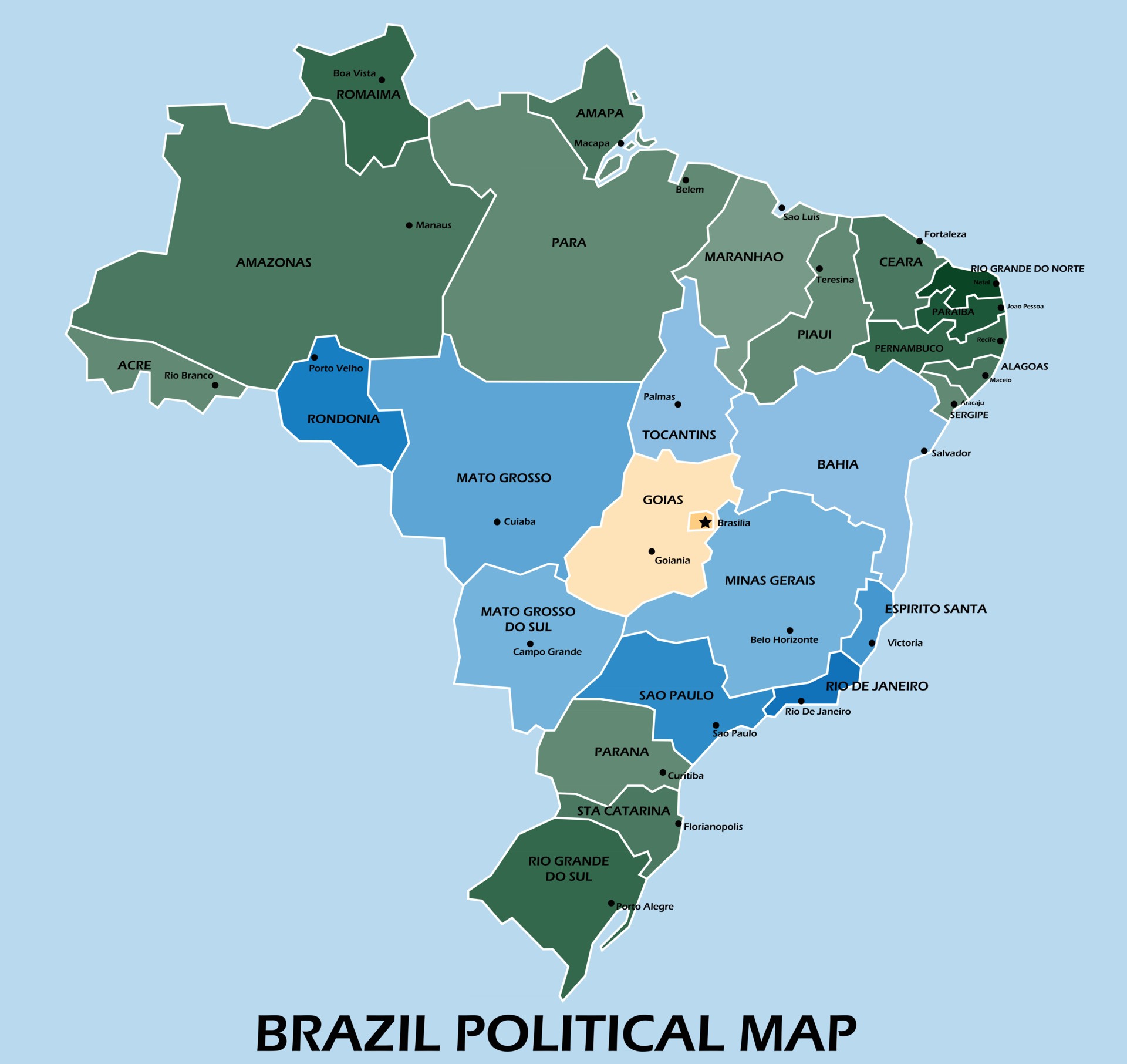 Столица бразилии на политической карте. Политическая карта Бразилии. Карта Бразилии по Штатам. План разделения Бразилии.