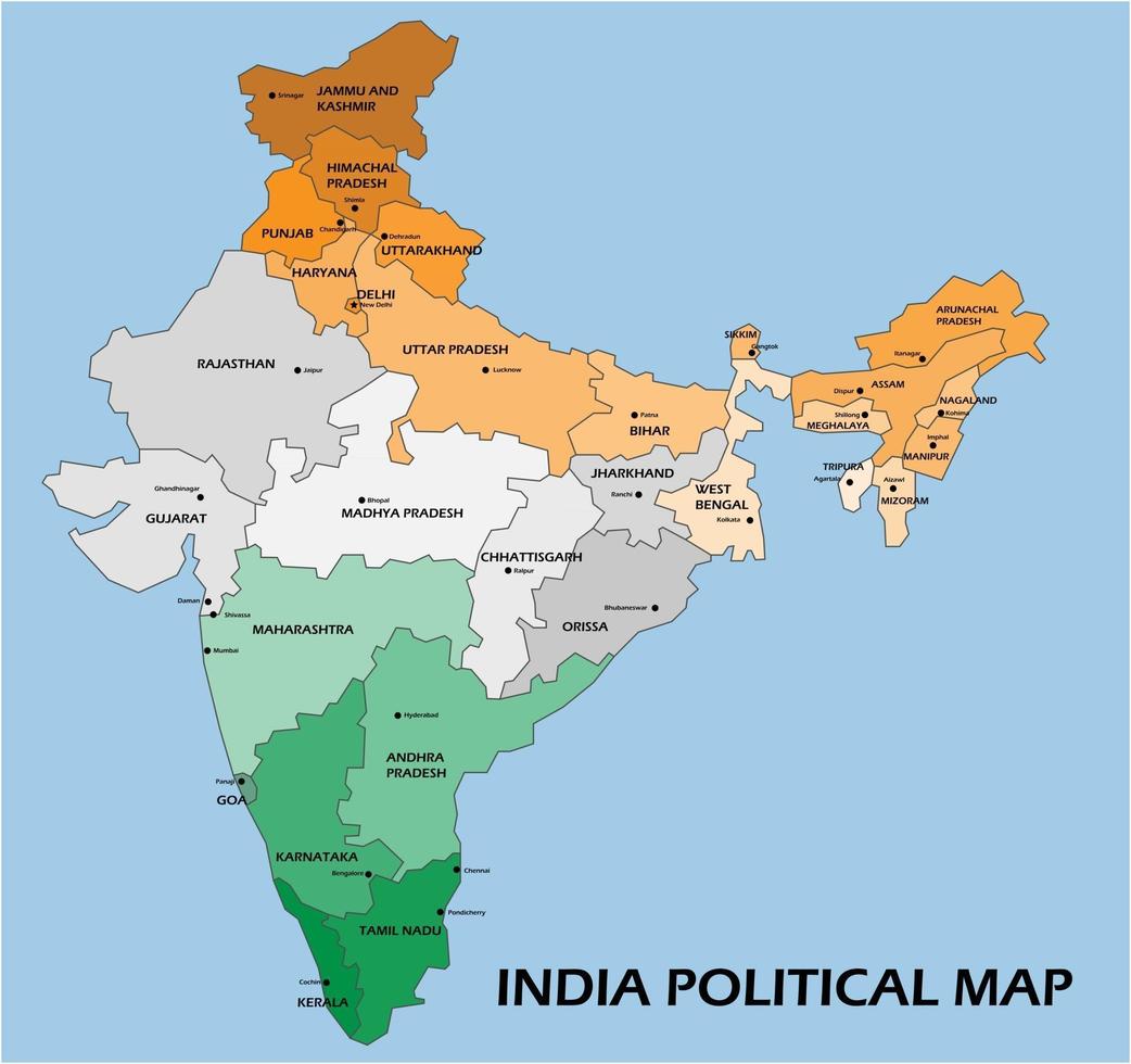 mapa político de la india dividir por estado estilo colorido esquema simplicidad. vector