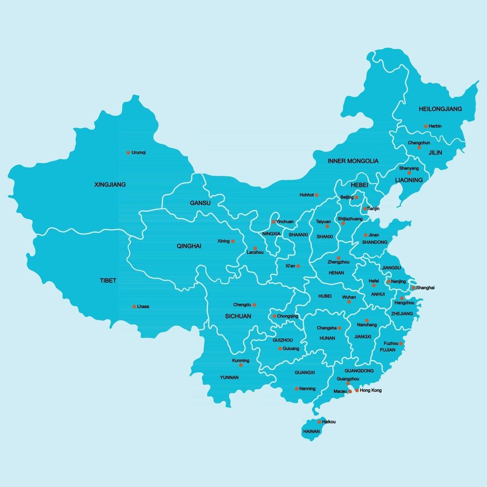 Doodle a mano alzada dibujo mapa político de China con las principales ciudades. ilustración vectorial. vector