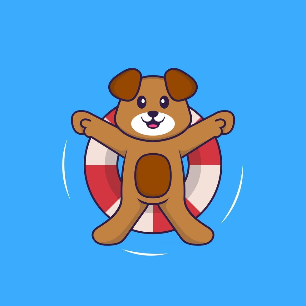 lindo perro está nadando con una boya. aislado concepto de dibujos animados de animales. Puede utilizarse para camiseta, tarjeta de felicitación, tarjeta de invitación o mascota. estilo de dibujos animados plana vector