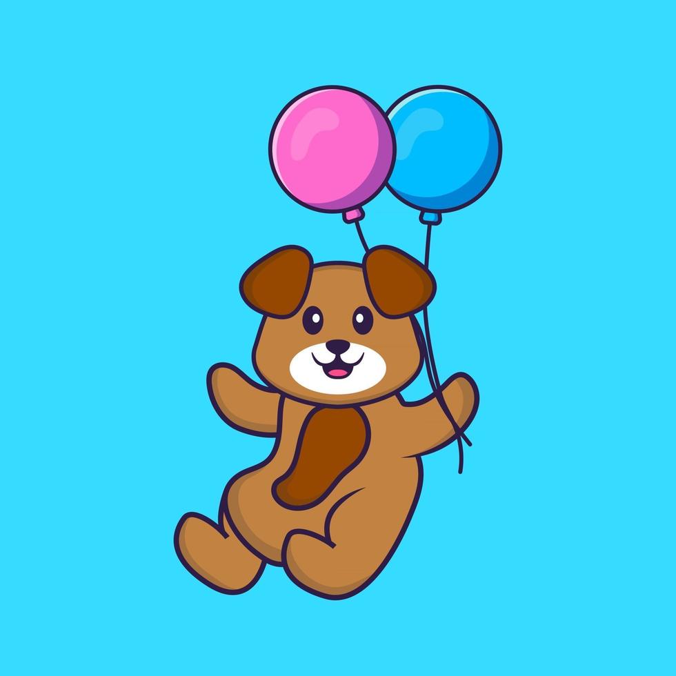 Cute dog flying with two balloons. Animal cartoon concept isolated. Can used for t-shirt, greeting card, invitation card or mascot. Flat Cartoon Style vector