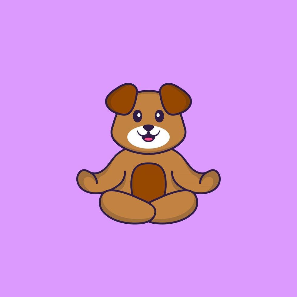 Cute dog is meditating or doing yoga. Animal cartoon concept isolated. Can used for t-shirt, greeting card, invitation card or mascot. Flat Cartoon Style vector