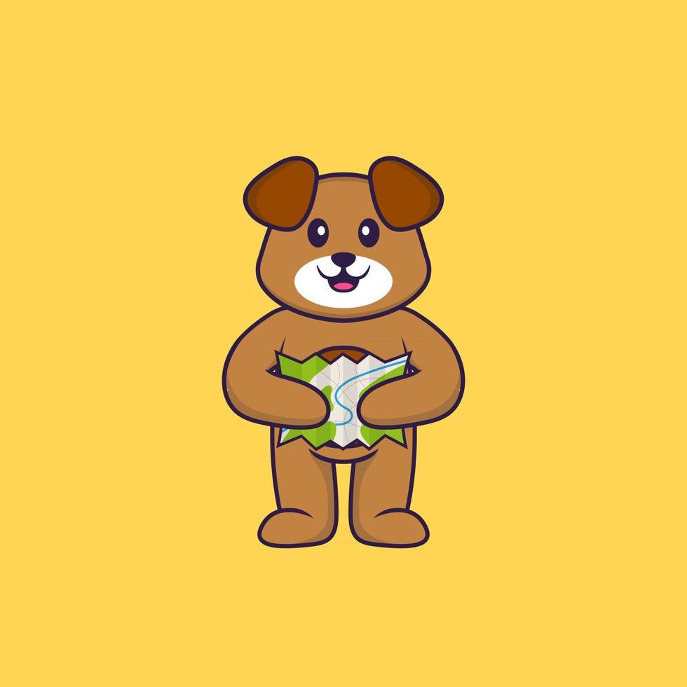 Cute dog holding a map. Animal cartoon concept isolated. Can used for t-shirt, greeting card, invitation card or mascot. Flat Cartoon Style vector