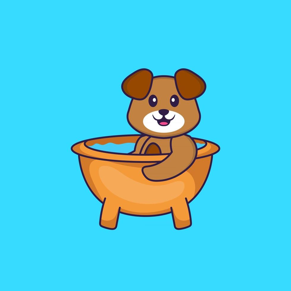 lindo perro tomando un baño en la bañera. aislado concepto de dibujos animados de animales. Puede utilizarse para camiseta, tarjeta de felicitación, tarjeta de invitación o mascota. estilo de dibujos animados plana vector