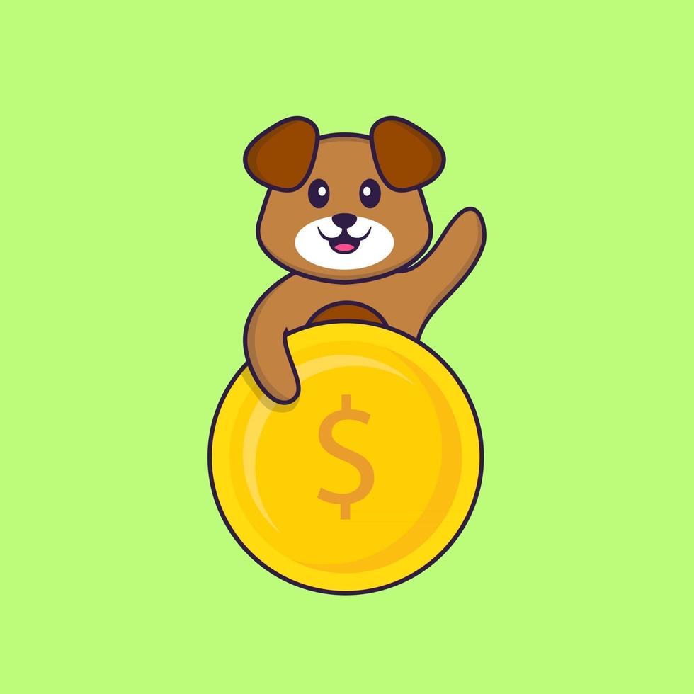 Cute dog holding coin. Animal cartoon concept isolated. Can used for t-shirt, greeting card, invitation card or mascot. Flat Cartoon Style vector