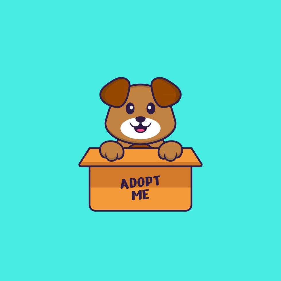 Cute dog in box with a poster Adopt me. Animal cartoon concept isolated. Can used for t-shirt, greeting card, invitation card or mascot. Flat Cartoon Style vector