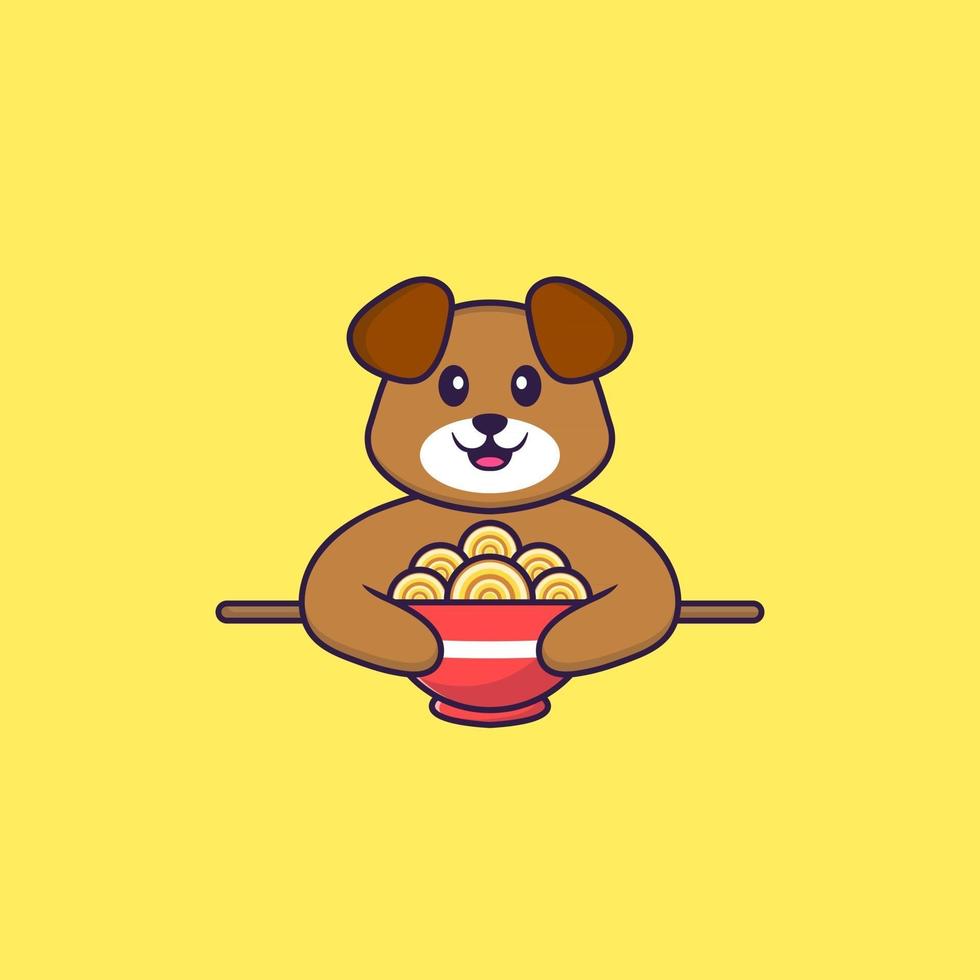 Cute dog eating ramen noodles. Animal cartoon concept isolated. Can used for t-shirt, greeting card, invitation card or mascot. Flat Cartoon Style vector