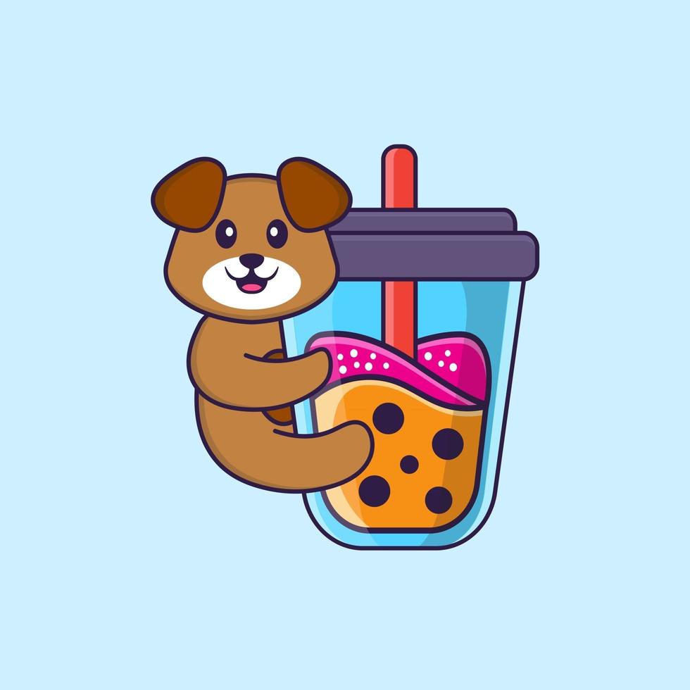 Cute dog Drinking Boba milk tea. Animal cartoon concept isolated. Can used for t-shirt, greeting card, invitation card or mascot. Flat Cartoon Style vector